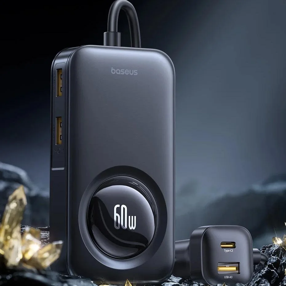 60W Retractable Car Charger with 6 Ports & Rear Seat Extension
