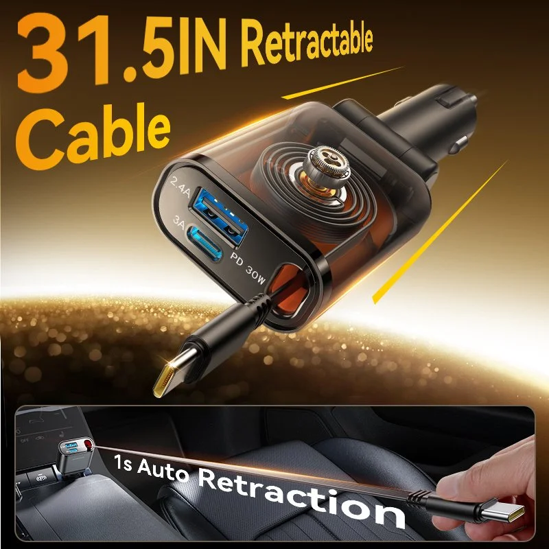 57W Retractable Car Charger USB C Fast Charging Adapter with 3 Ports