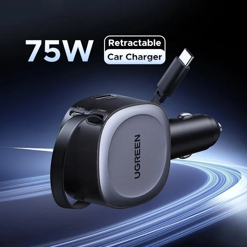 2-in-1 Retractable 75W Fast Car Charger with USB-C and USB-A Ports