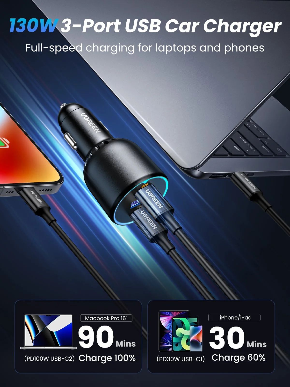 130W USB C Car Charger Fast Charging Adapter