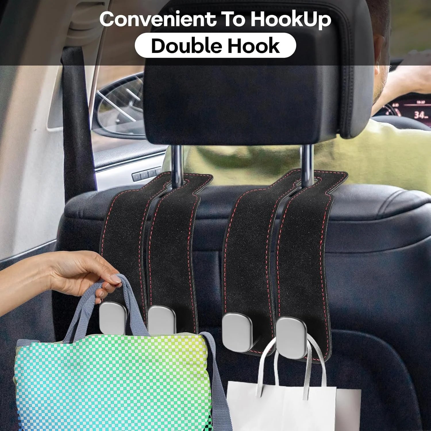 2-in-1 Universal Car Headrest Hook with Dual Hanger Clips