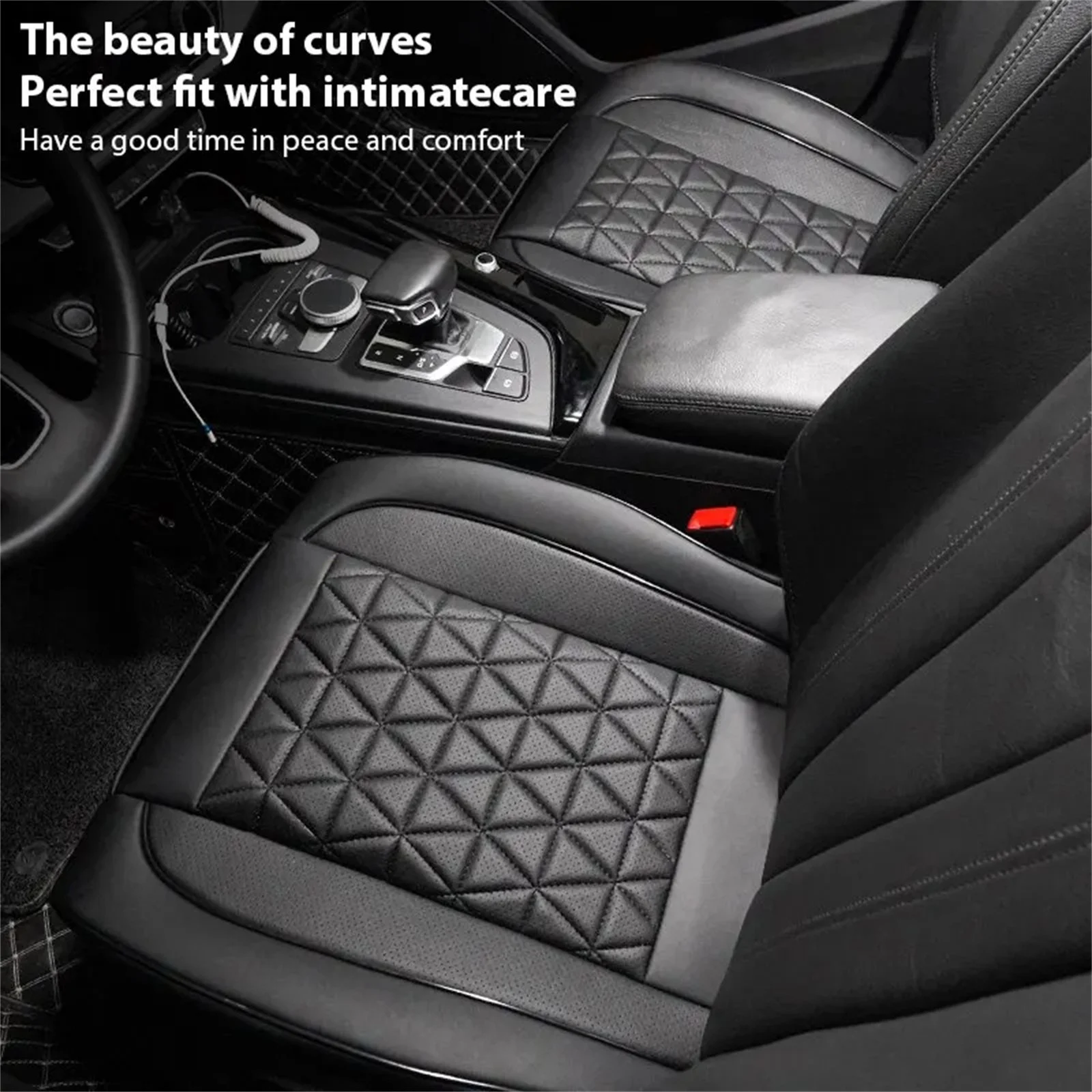 Black Faux Leather Car Seat Cushion Cover with Storage Pockets - Universal Fit