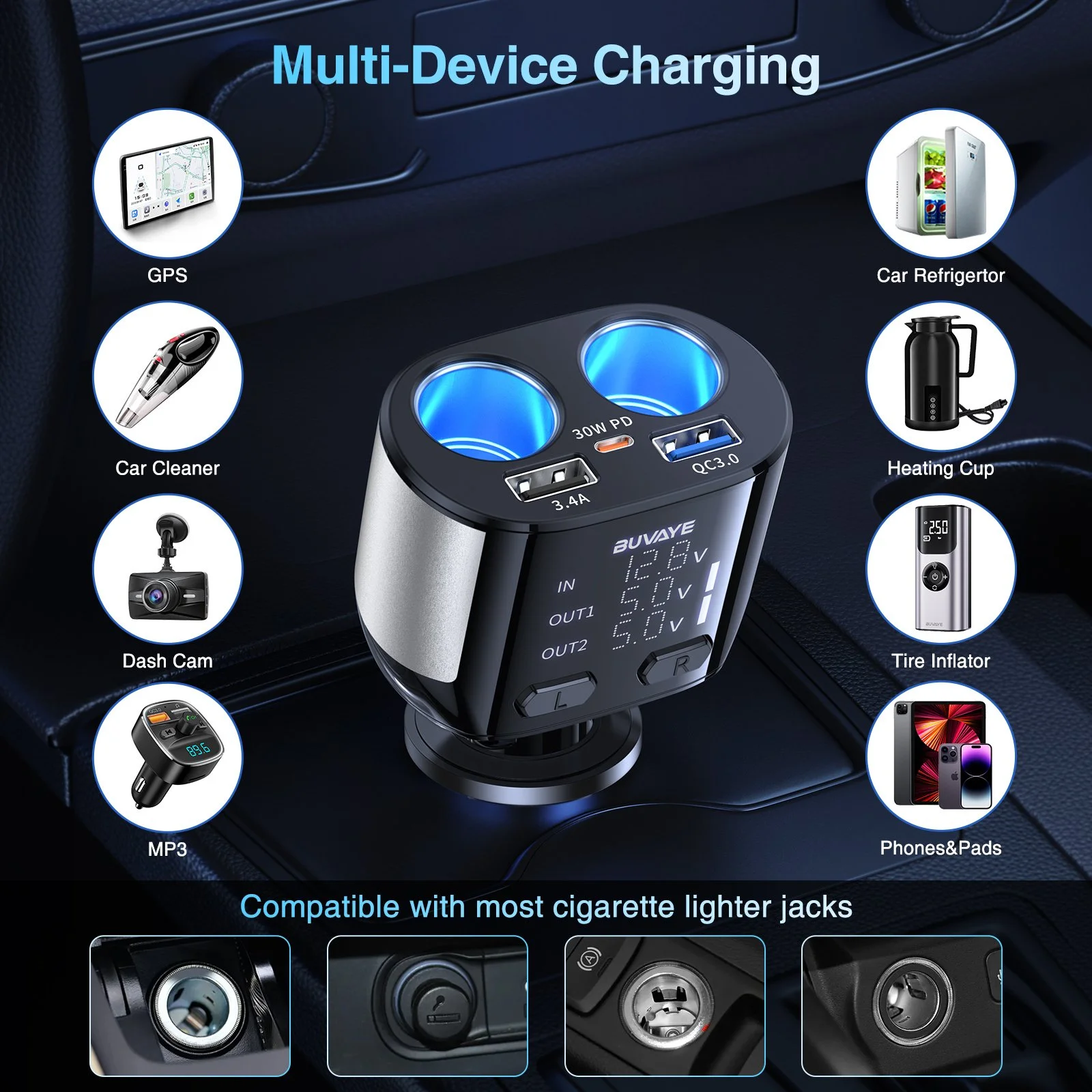 5-in-1 USB-C Car Charger Adapter with Dual Socket & 30W Fast Charging Cable