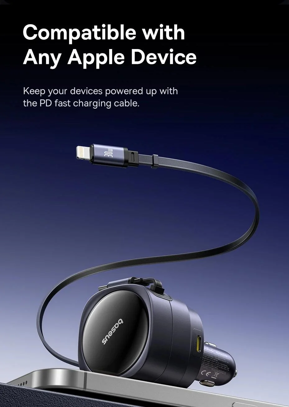 90W Fast Car Charger with Dual Retractable Cables & 4-Port Charging Station