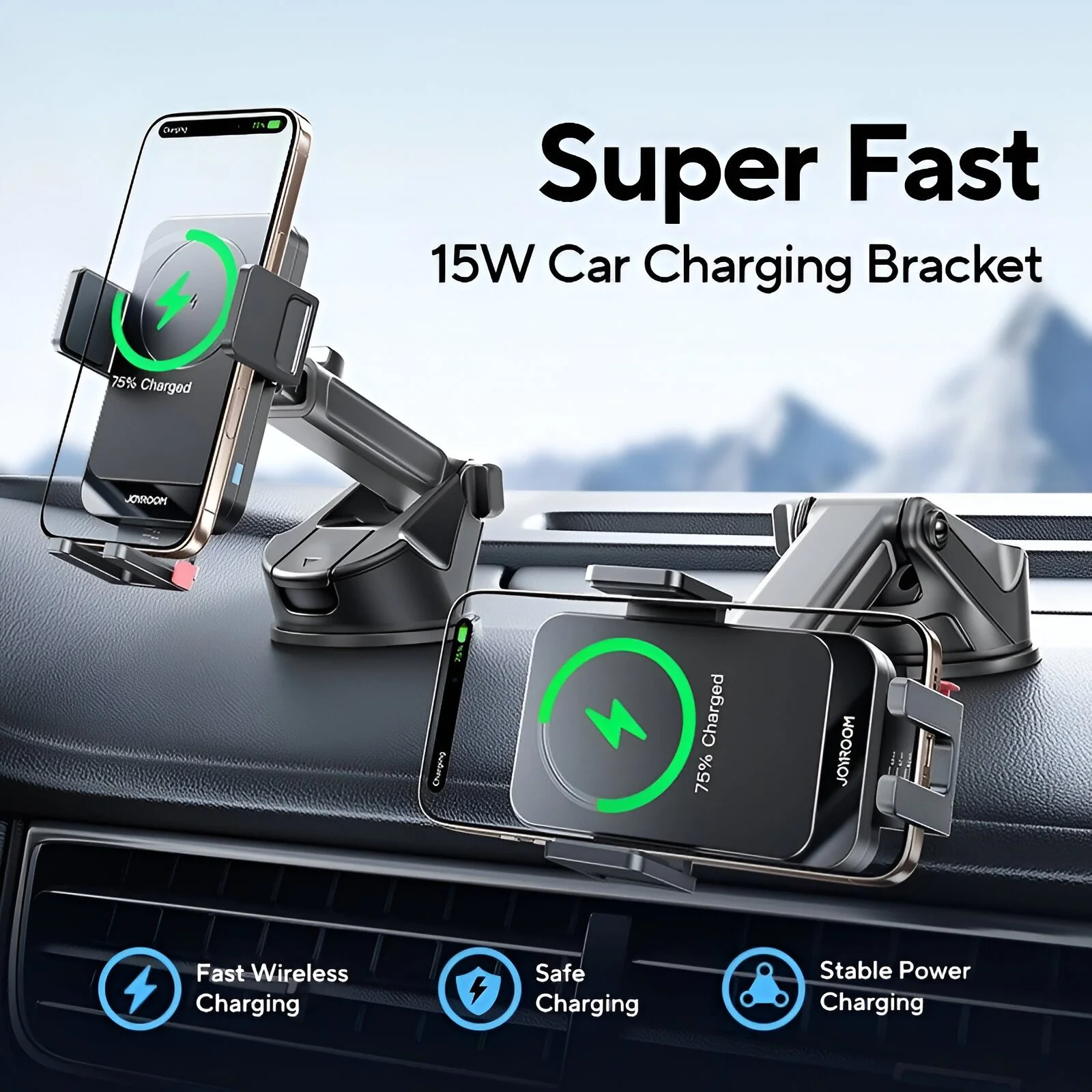 15W Wireless Car Charger Mount with Auto-Clamp & 360° Rotation