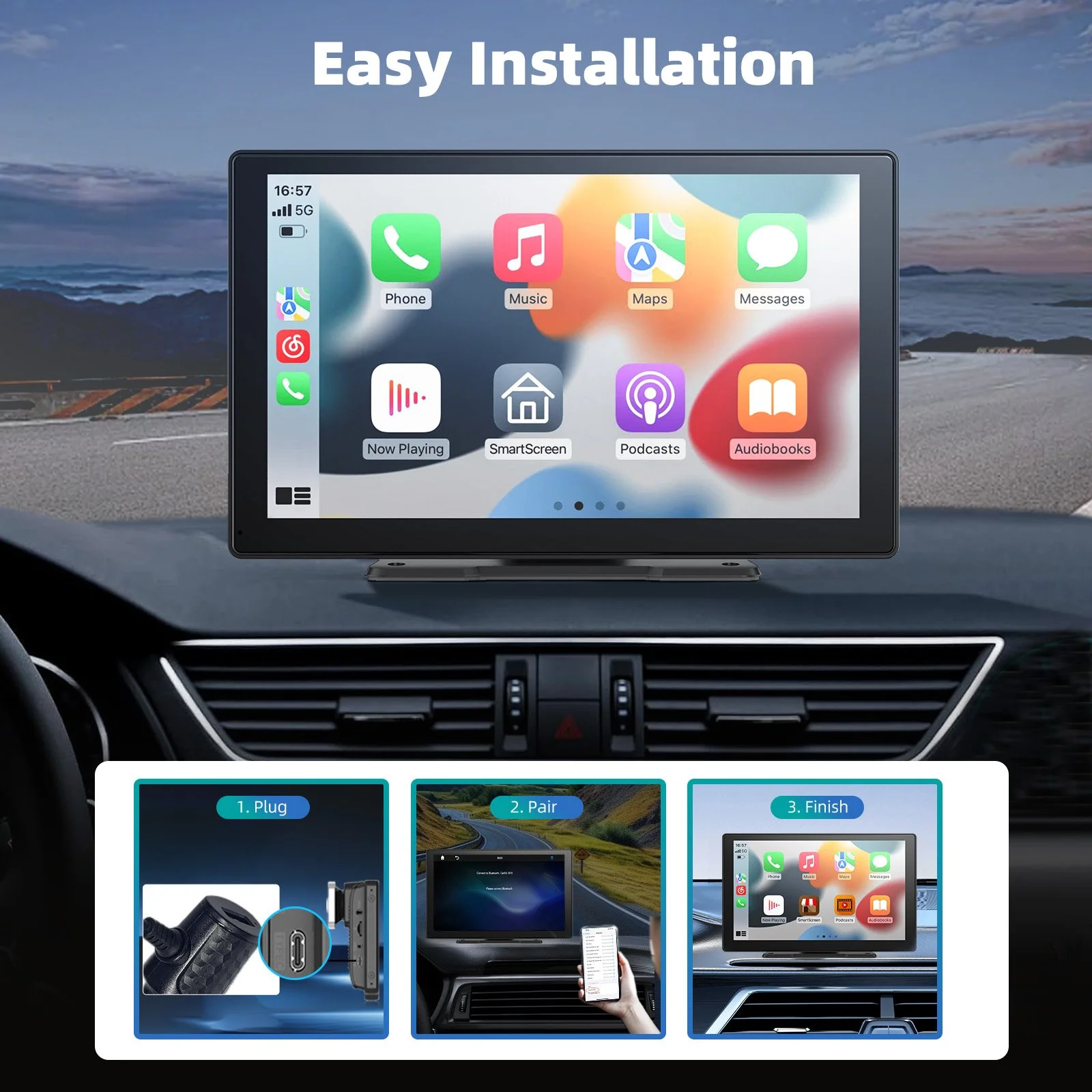 9-Inch Wireless CarPlay & Android Auto Screen with 4K Dash Cam and 64GB Card