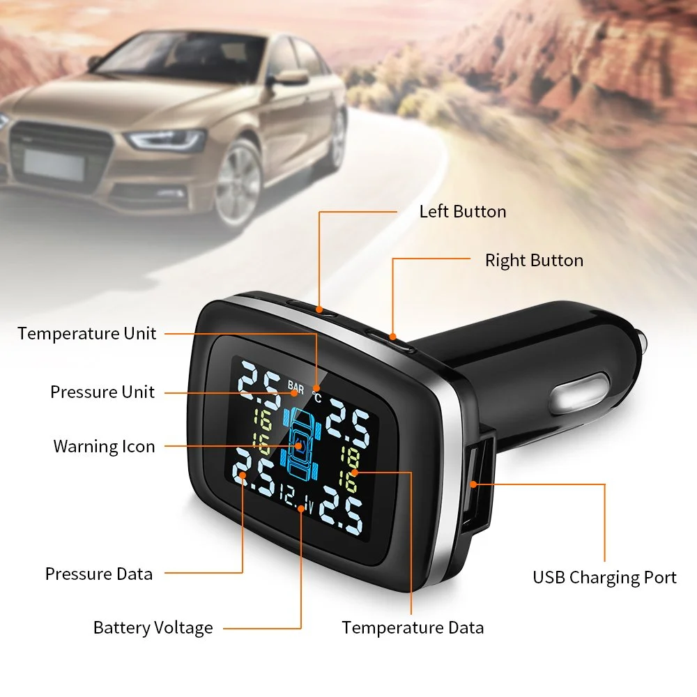 Digital Car Tire Pressure Monitoring System with USB Charging & Safety Alarm