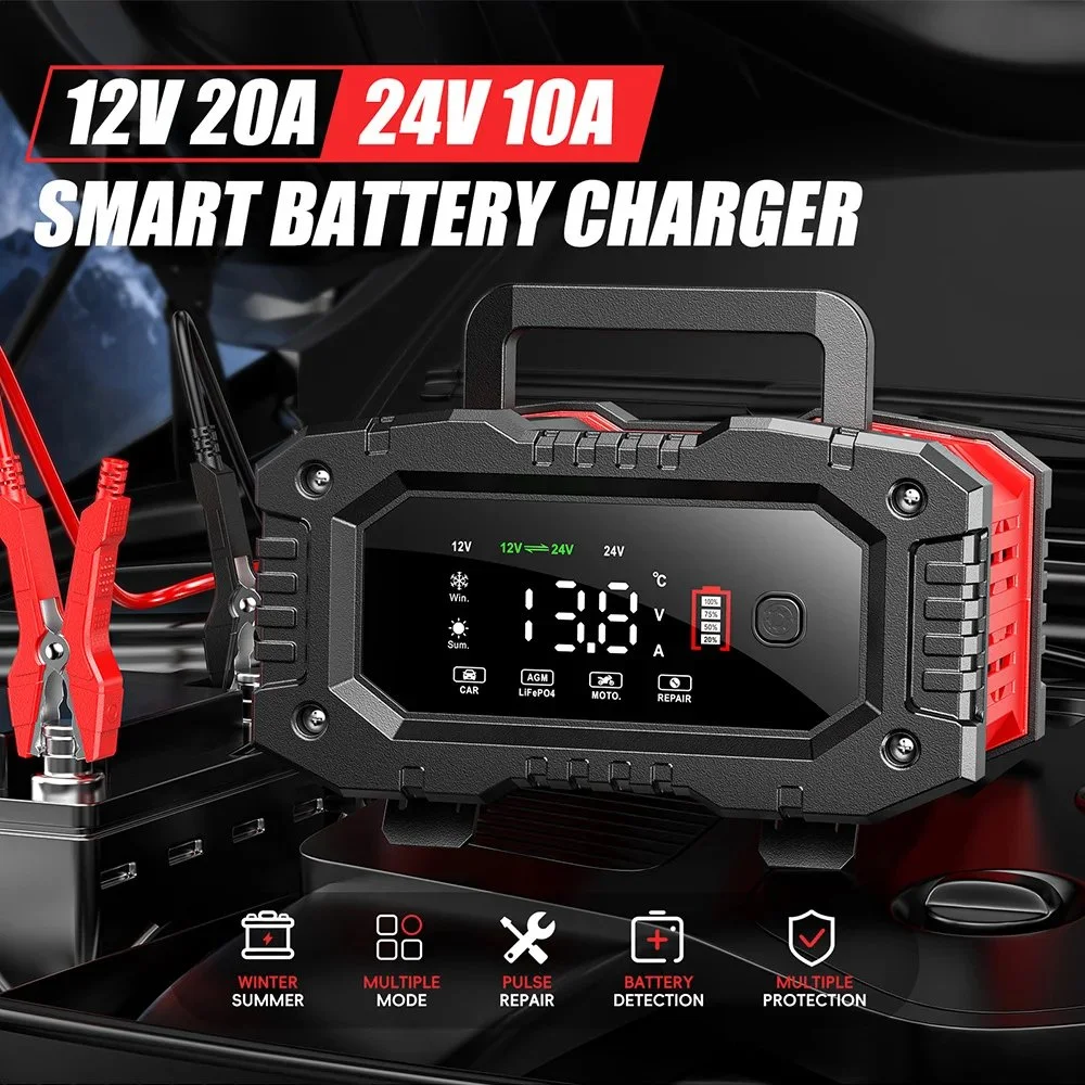 Portable 20A 12V/24V Smart Battery Charger for Car & Motorcycle
