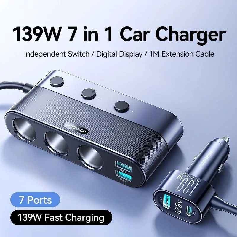 139W 7-in-1 USB-C Fast Car Charger with Multi-Ports & LED Voltage Display