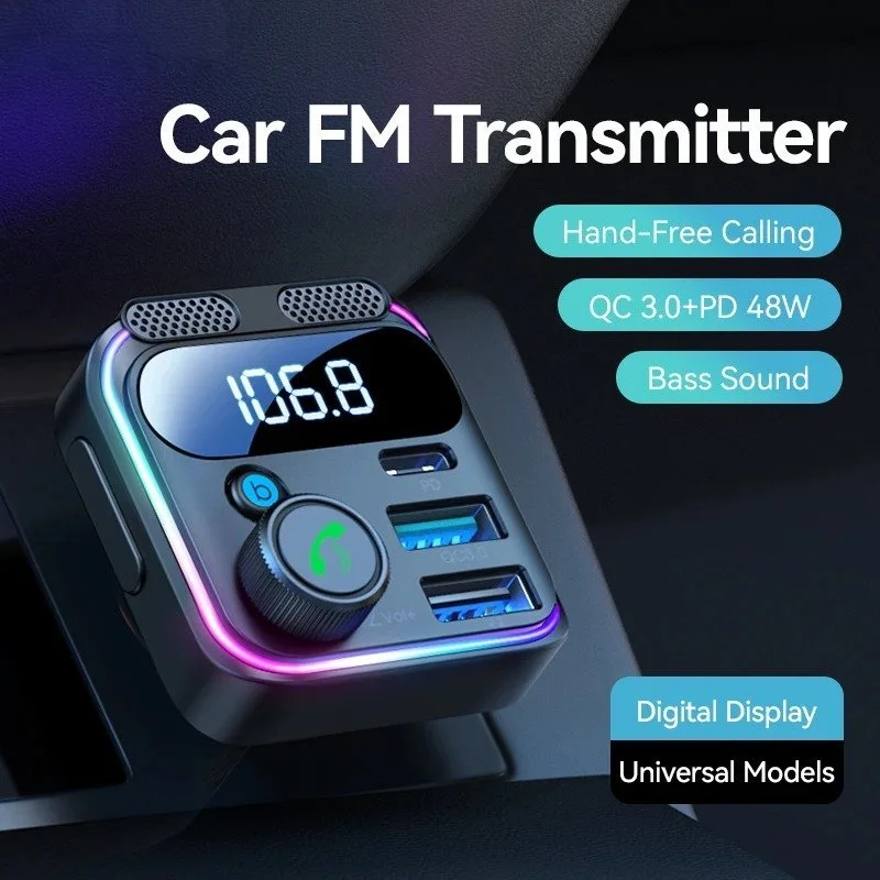 Bluetooth 5.3 FM Transmitter Car Adapter with 48W Fast Charging & Hands-Free Calling