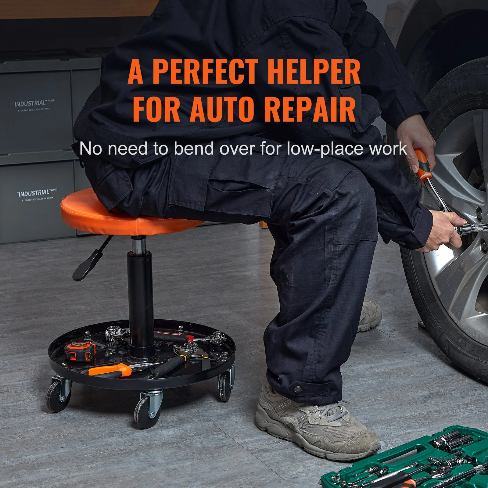 Adjustable Rolling Mechanic Stool 250 LBS Padded Garage Workshop Seat
