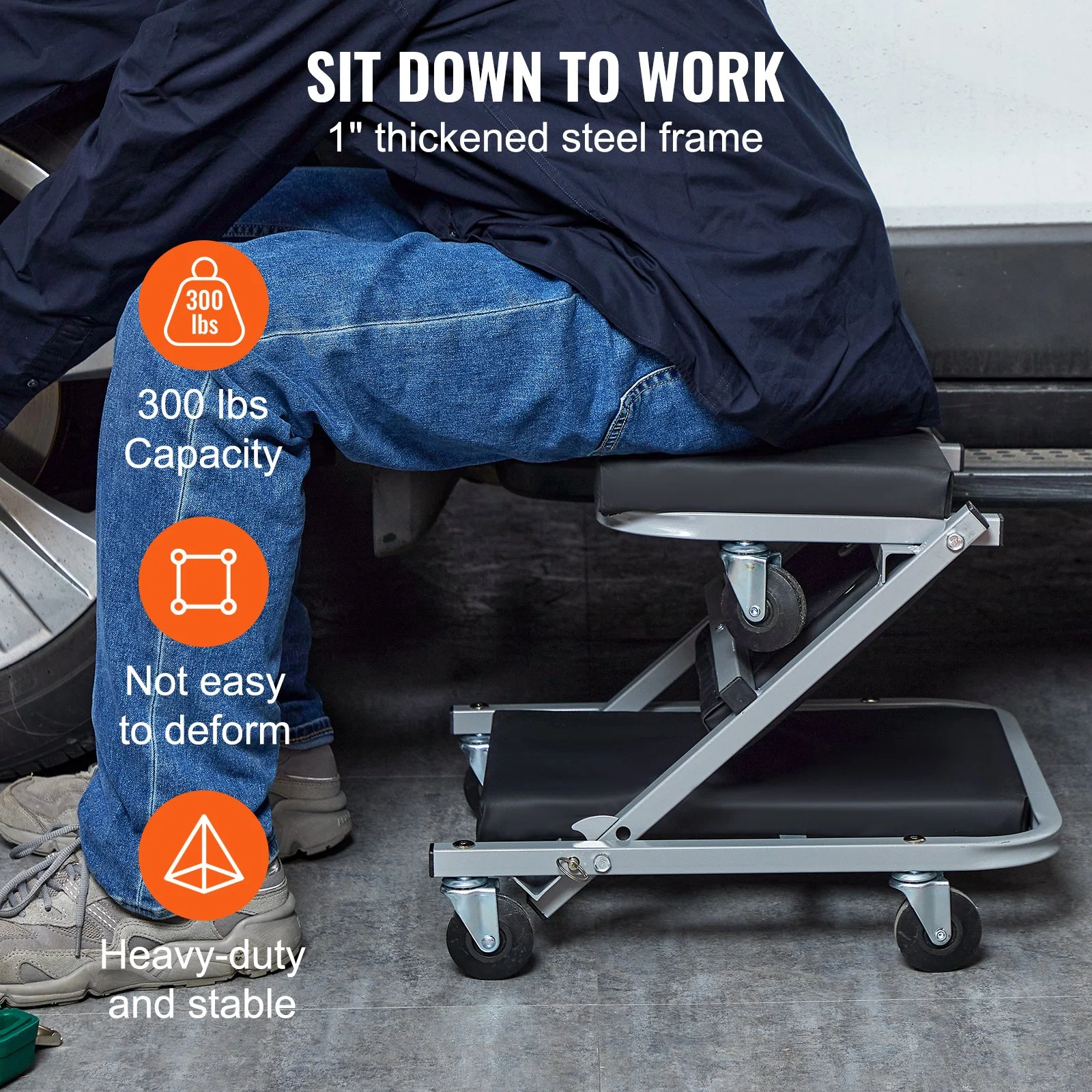 2-in-1 Z-Creeper Seat with 6 Wheels Low Profile Folding Garage Stool