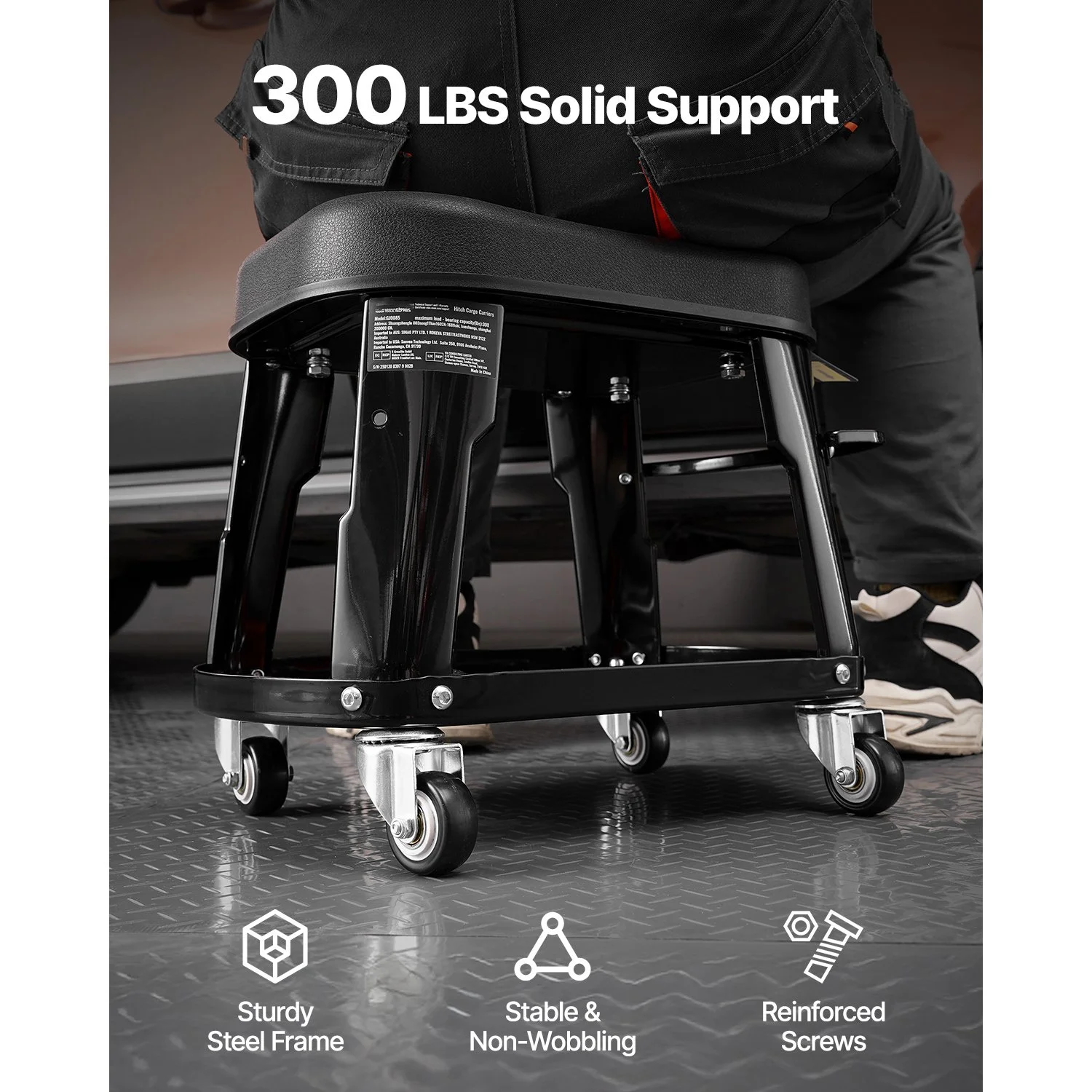 Mechanic Stool with Wheels 300lbs Capacity Rolling Garage Seat with Tool Tray
