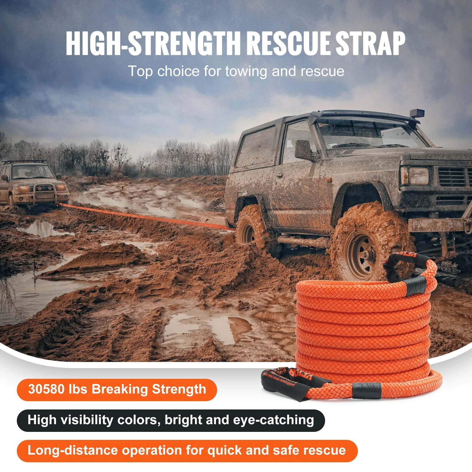Heavy-Duty Car Tow Rope 20/30ft Recovery Strap for Off-Road Rescue