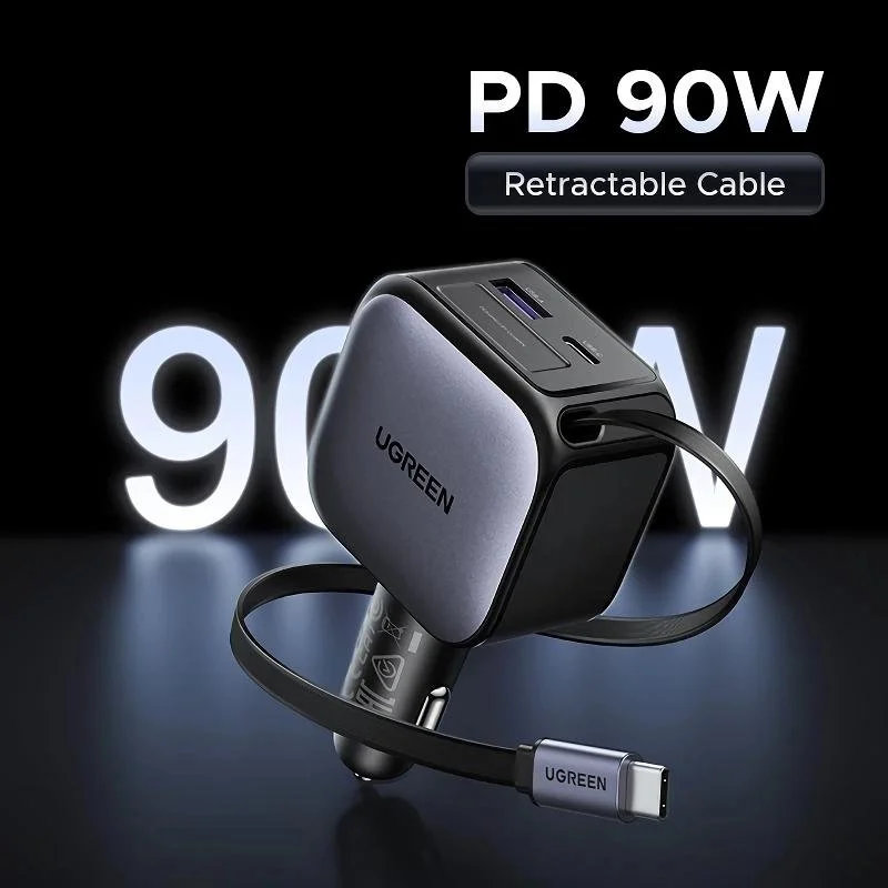 USB-C Car Charger 145W with Retractable Cable & Fast Charging