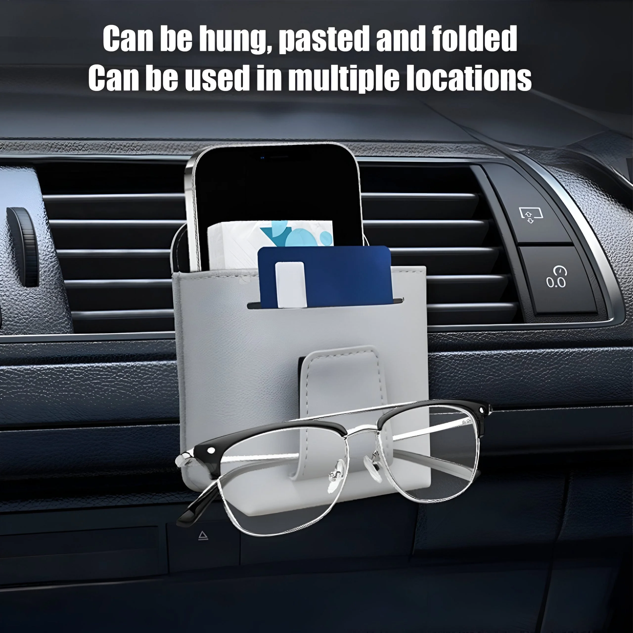 Car Air Vent Storage Bag Leather Organizer with Sunglasses & Phone Holder