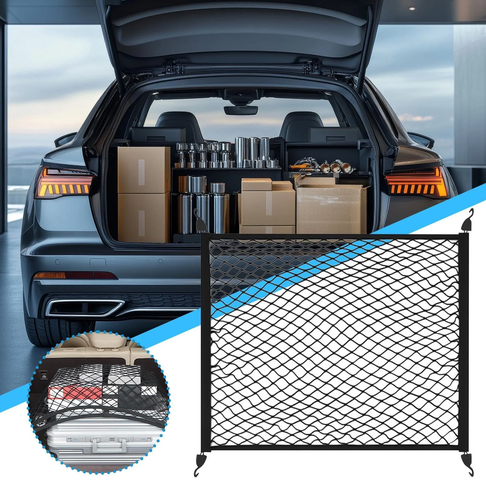 Car Rear Trunk Cargo Net Storage Organizer – Elastic Nylon Luggage Mesh for SUV RV Sedan