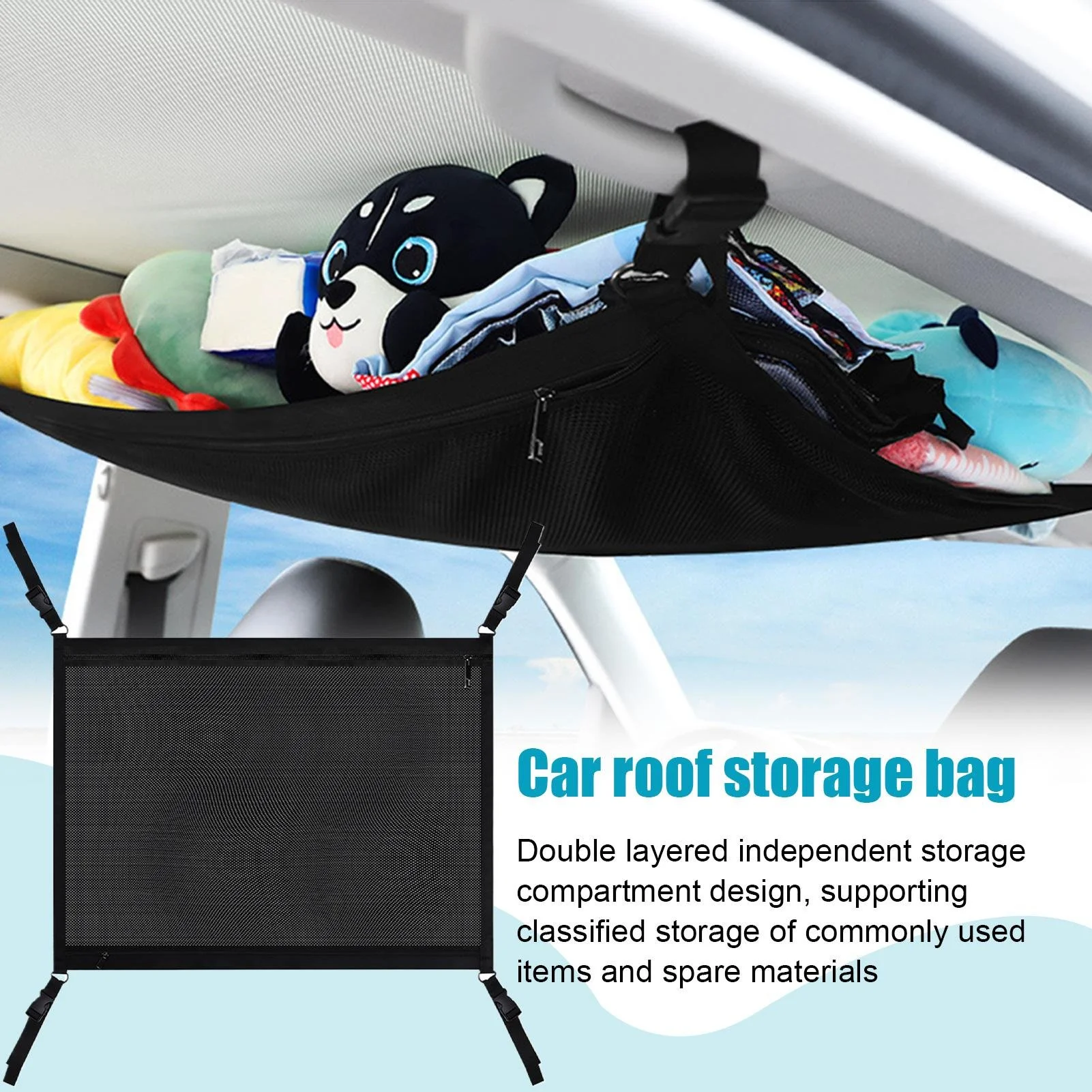 Car Ceiling Cargo Net Double-Layer Roof Organizer Hammock with Compartments