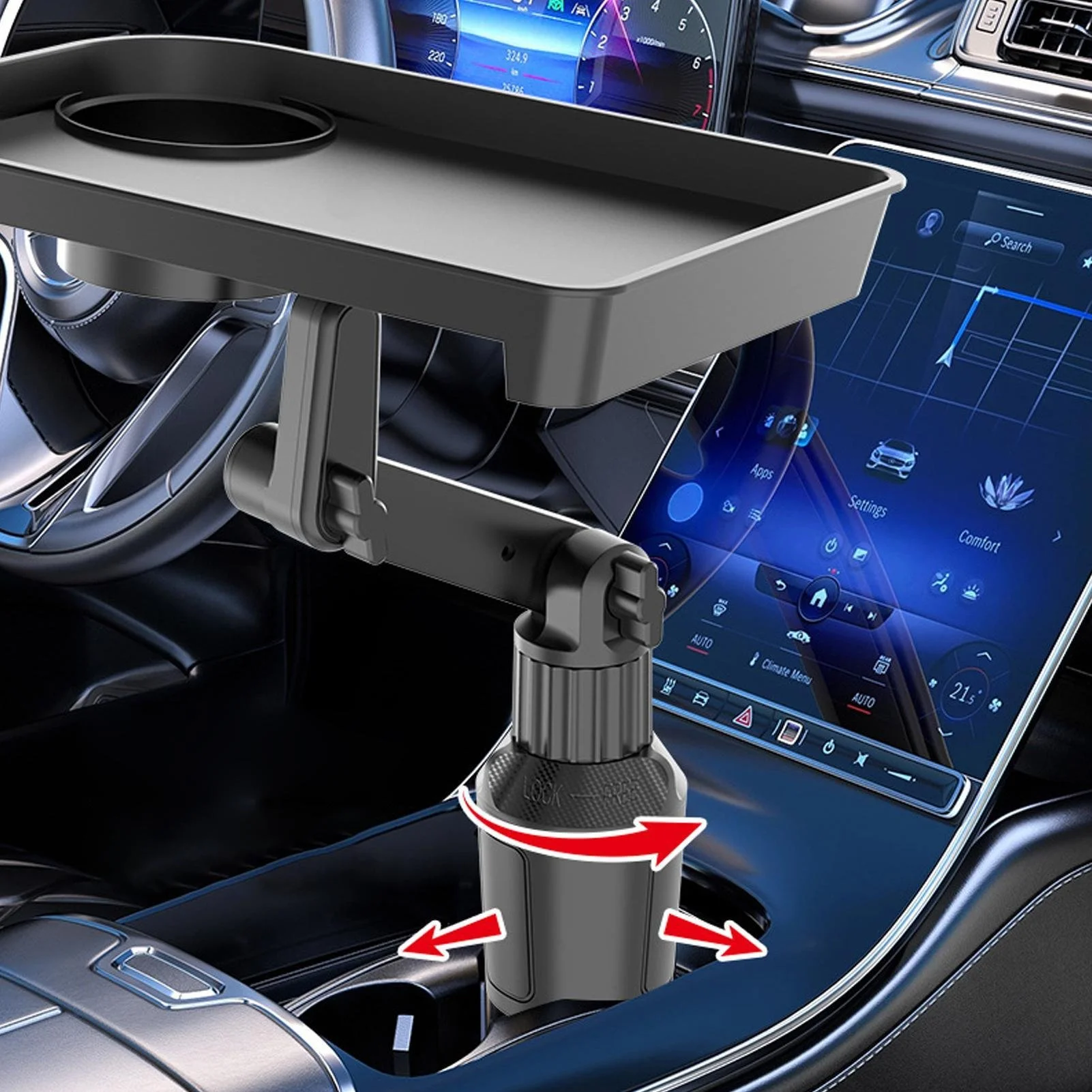 Car Cup Holder Tray Expander – 360° Rotating Organizer with Anti-Shock Stability