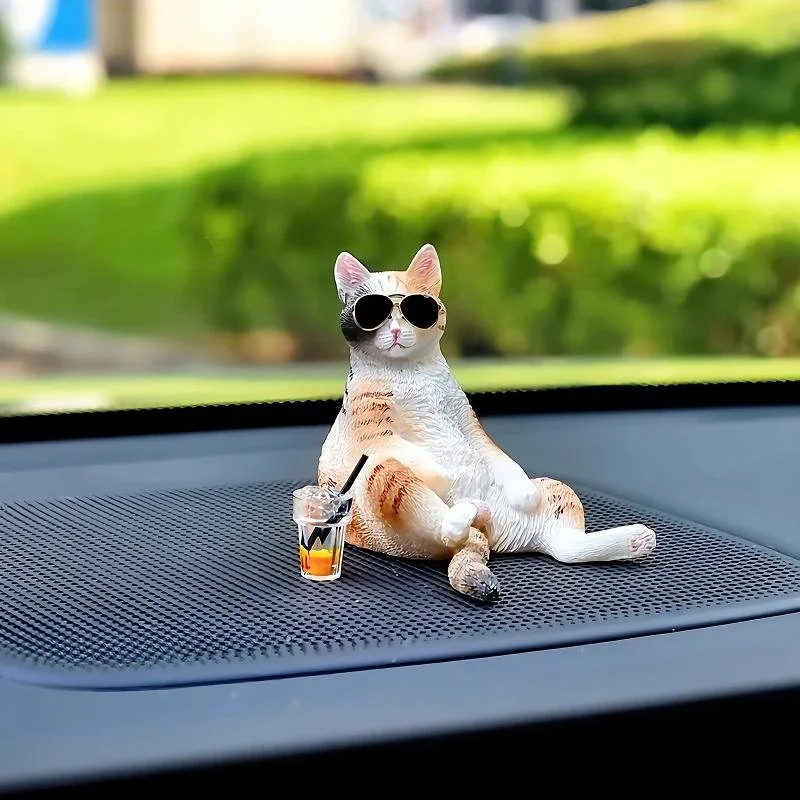 Stylish Resin Cat Car Ornament - Sunglasses & Soda Drink Decoration for Car Interiors