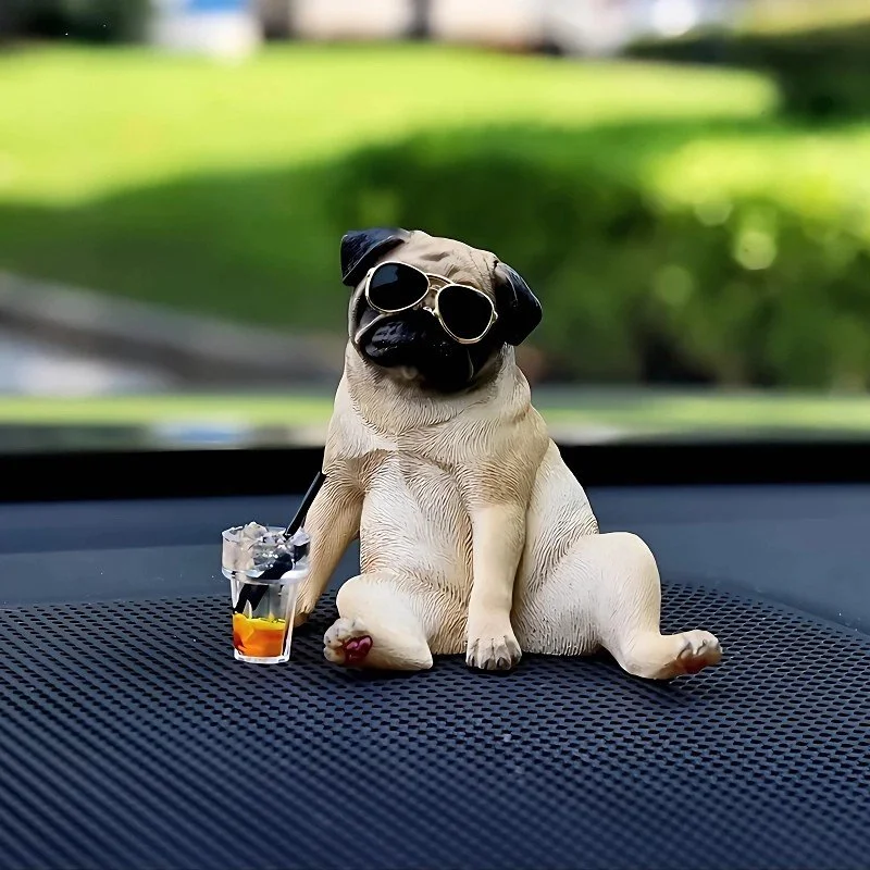 Cute Bulldog with Sunglasses Drinks Auto Dashboard Decoration Ornament