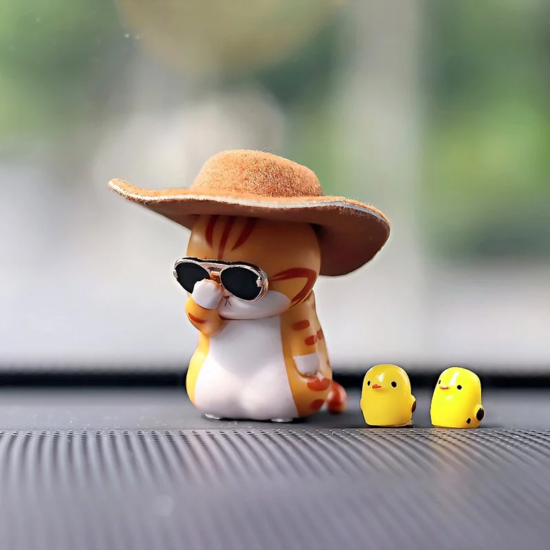 Cool Little Cats and Chicks Car Dashboard Ornament - Cute Cat Wearing Hat and Sunglasses
