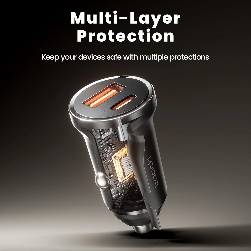 30W Dual Port Fast Car Charger USB-C & USB Mini Adapter with Smart Protection