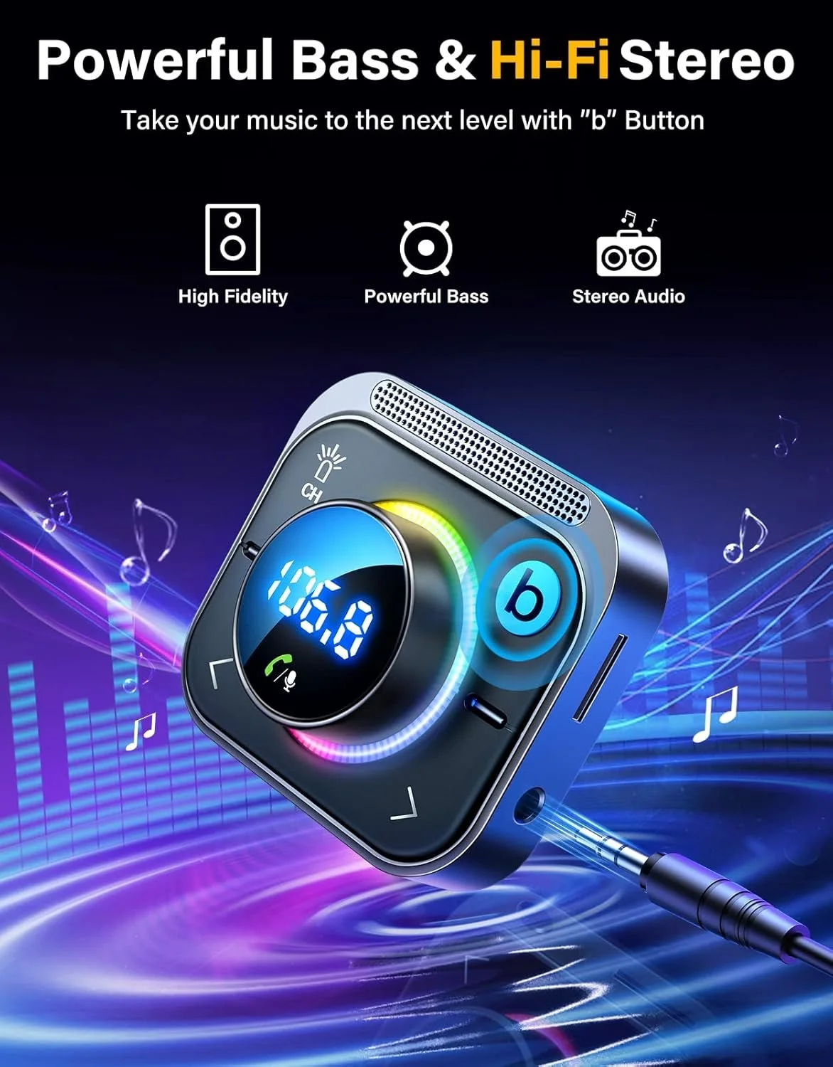 Bluetooth 5.3 FM/AUX Car Adapter with Air Vent Mount & 3-Port Fast Charger