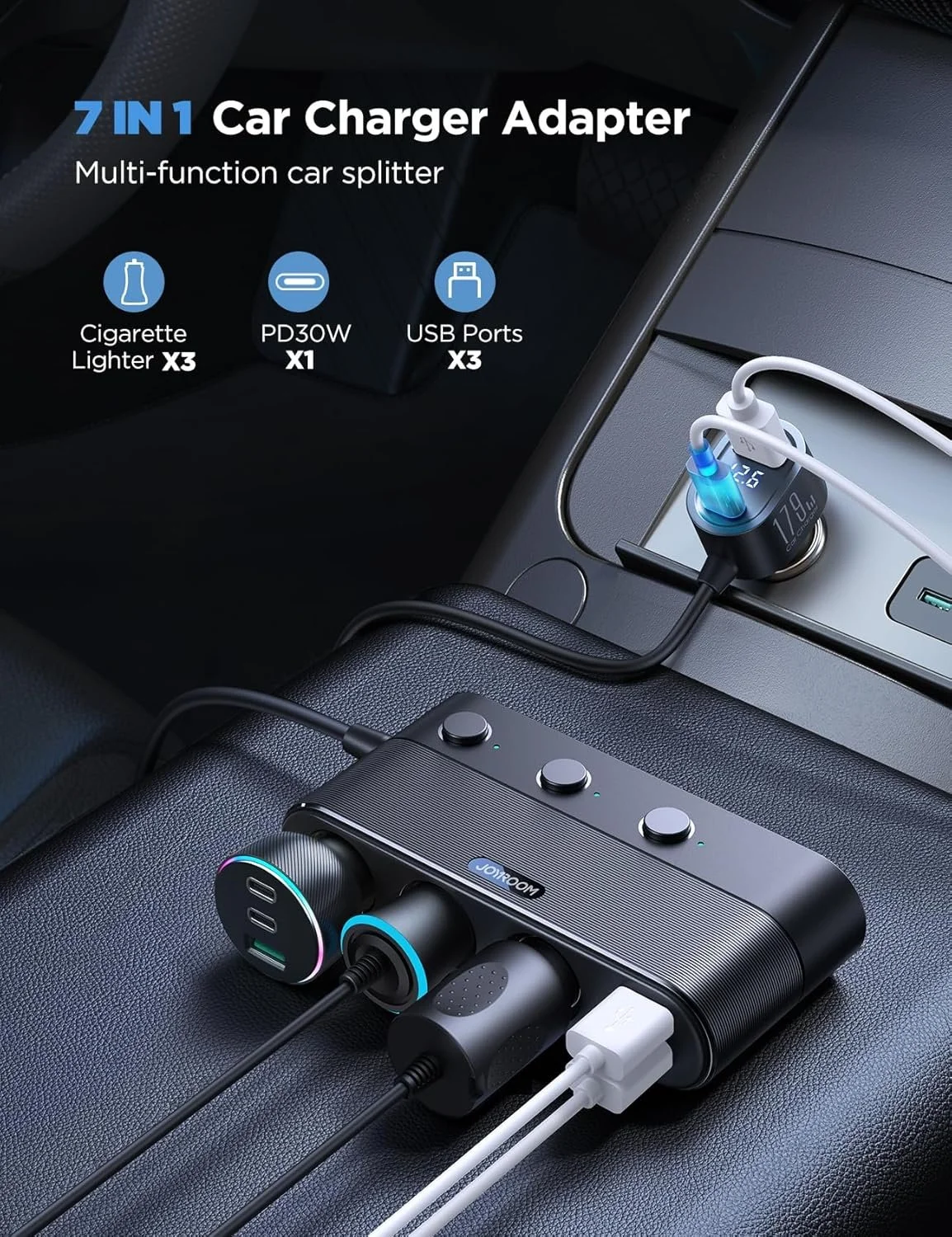 179W 7-in-1 Fast Charging Car Power Adapter with PD & QC3.0