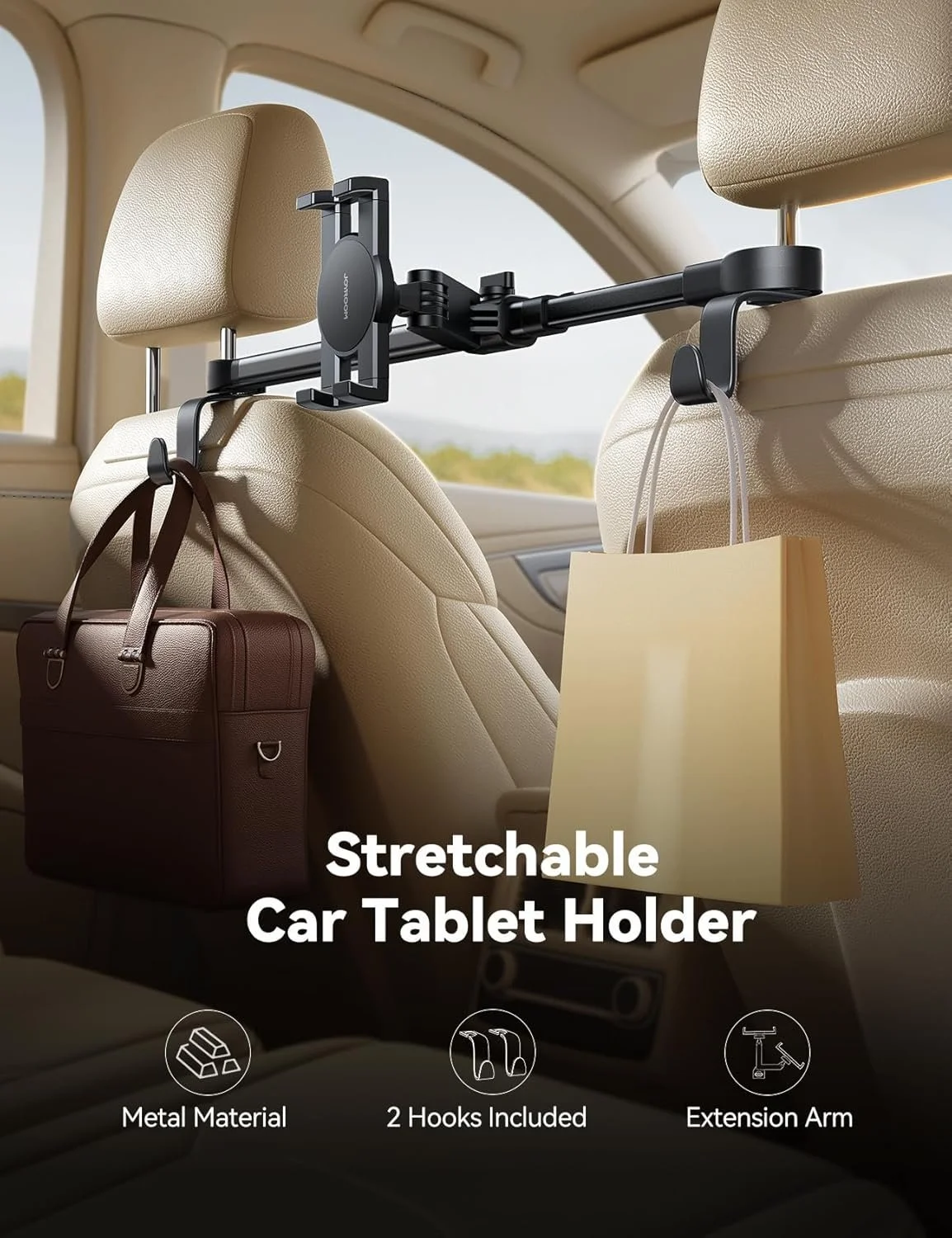 Car Headrest Tablet Mount with 360° Rotation & Extension Arm – Fits 4.7”-13” Devices