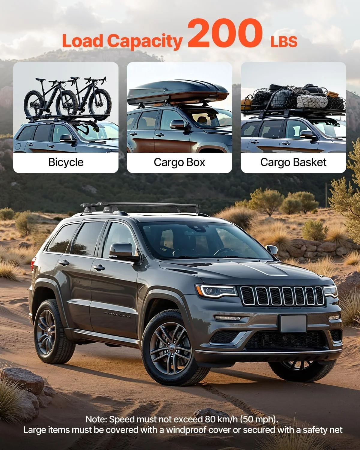 Lockable Roof Rack Cross Bars for Jeep Grand Cherokee 2011–2023, 200 lbs Capacity