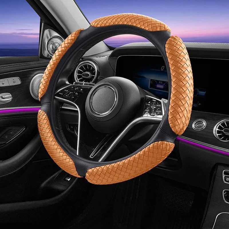 Handwoven PU Leather Steering Wheel Cover – Textured Anti-Slip Comfort Grip (14.5–15 Inch)