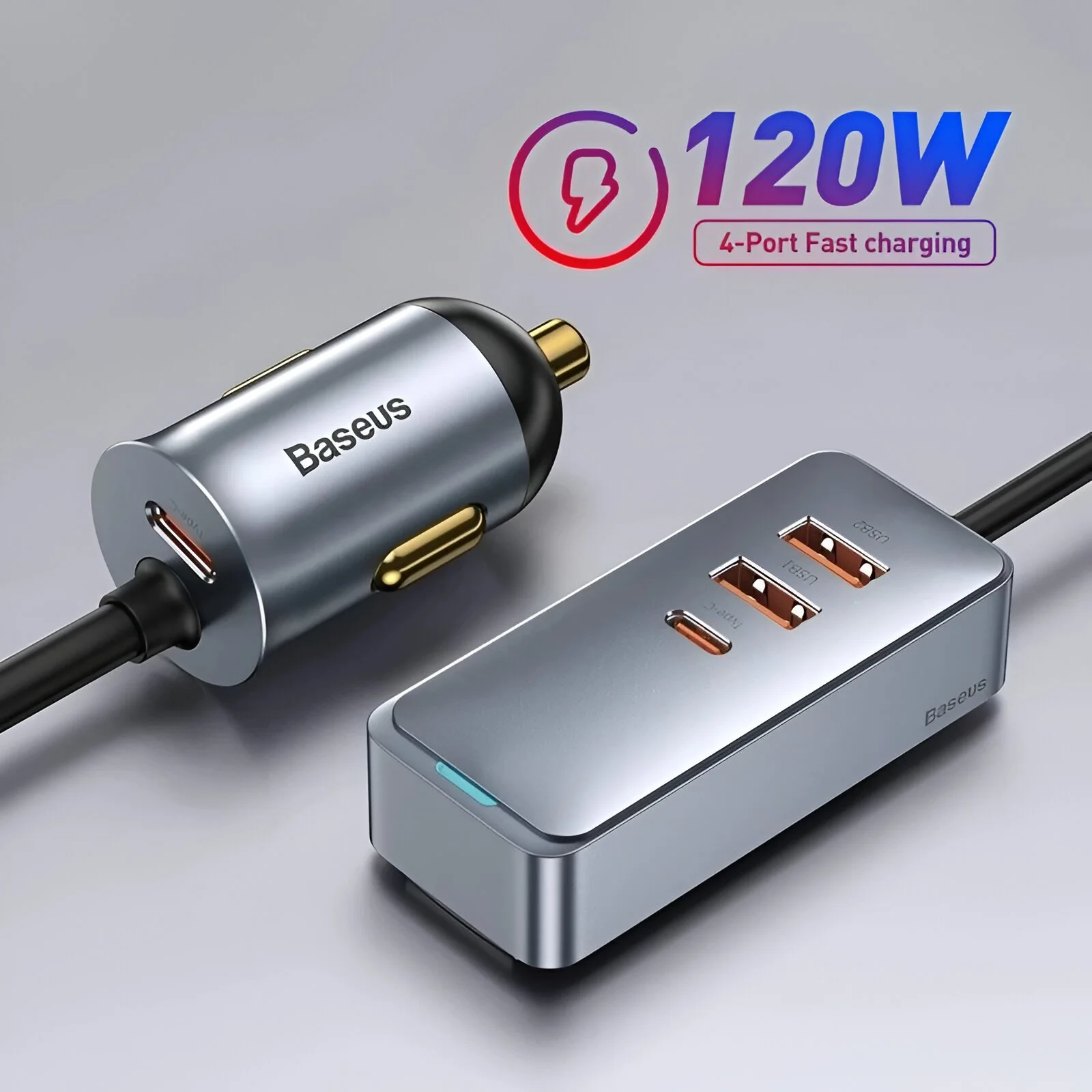120W 4-Port Fast Car Charger with 5ft Extension Cable & USB-C PD