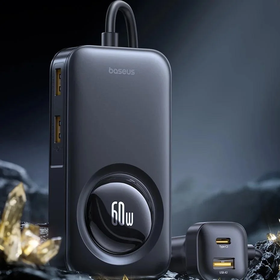 60W Retractable Fast-Charging Car Charger with 6-Port Rear Seat Extension