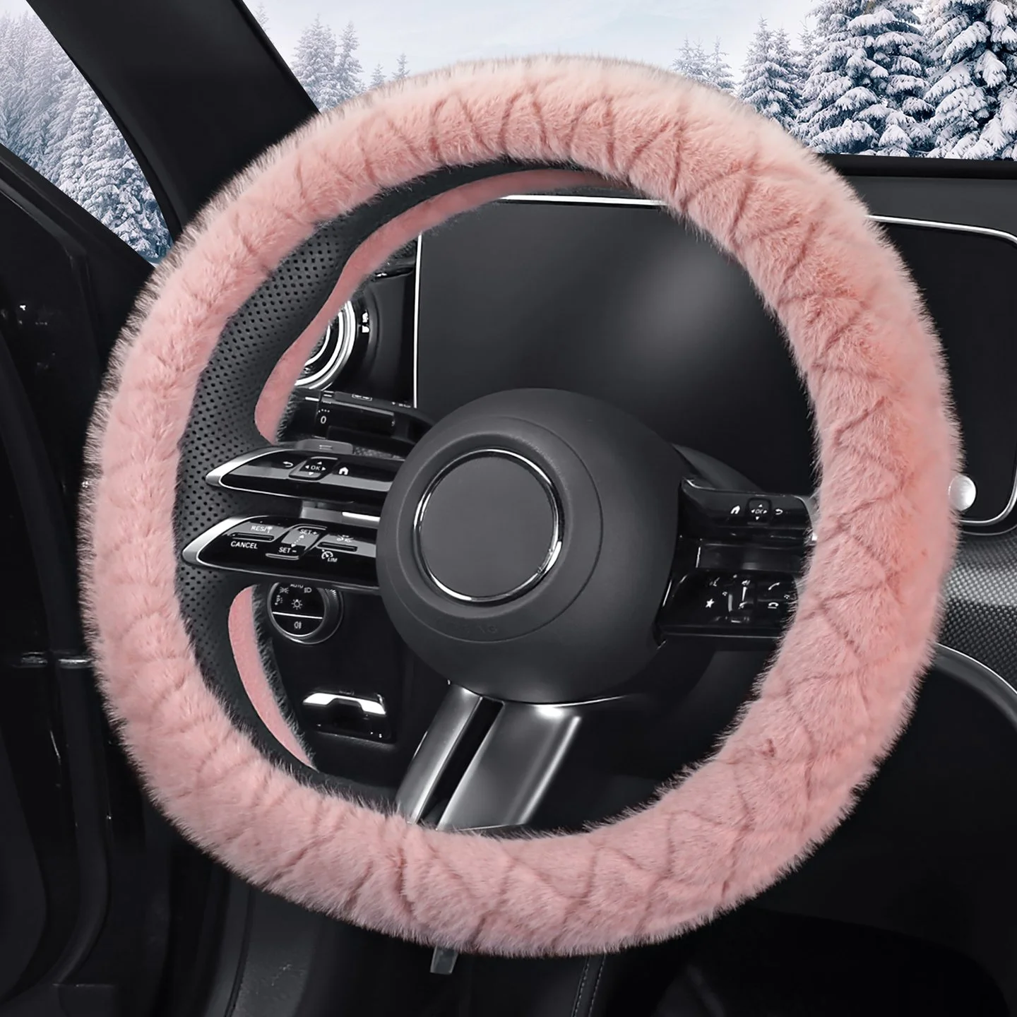 Plush Diamond D-Shape Steering Wheel Cover – 15 Inch Universal Fit
