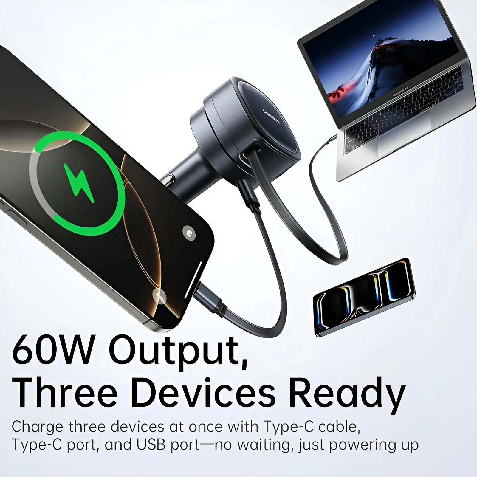60W Fast Charging Car Charger with Retractable Cable and 3 Ports