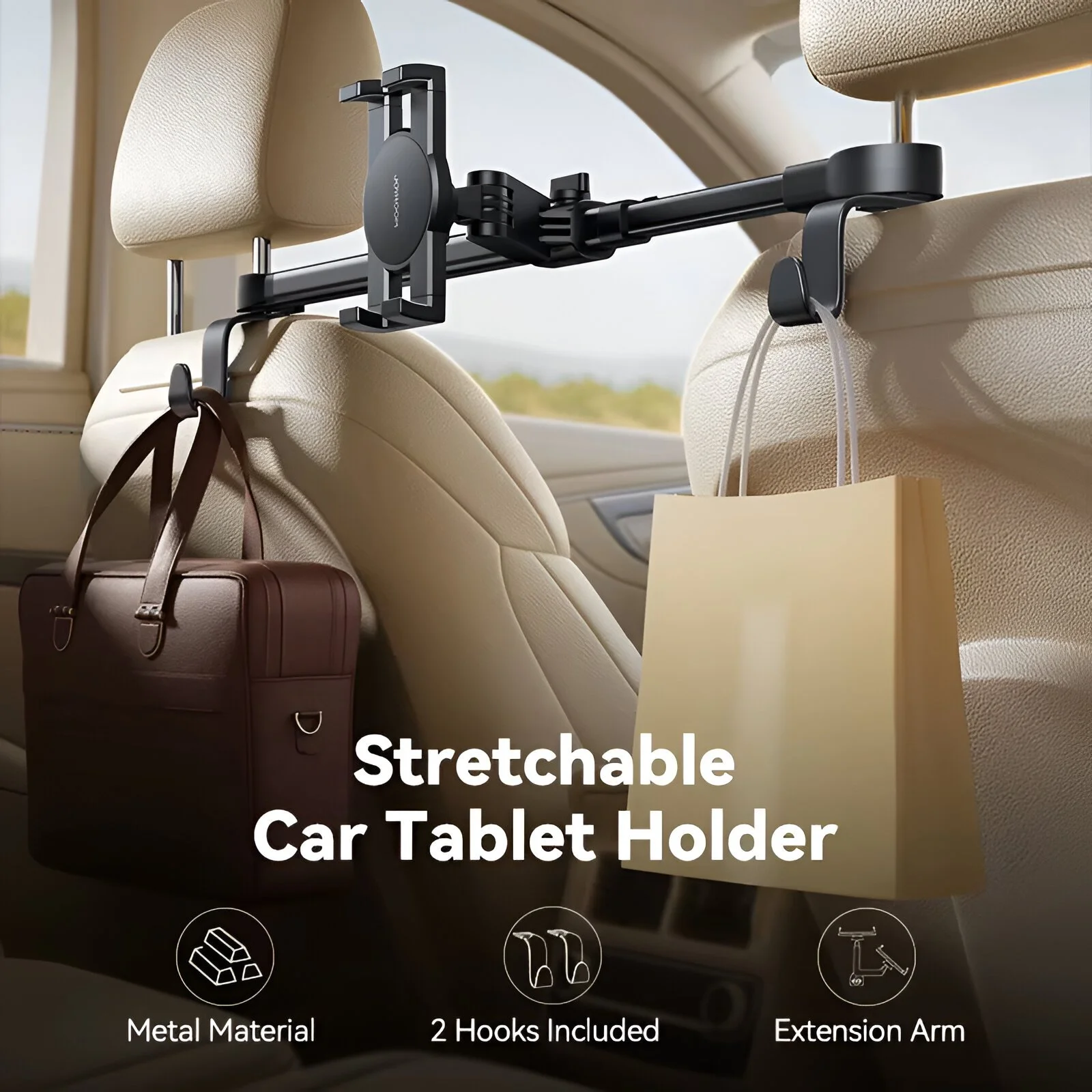 Adjustable Car Headrest Tablet & Phone Holder with Telescopic Arm