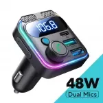 48W Bluetooth 5.3 Car FM Transmitter with Dual Mics & Fast Charging