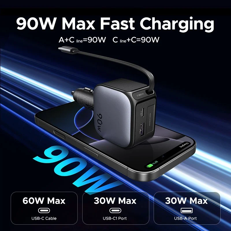 145W Fast Car Charger with 3 USB-C & 1 USB-A Ports for iPhone & MacBook