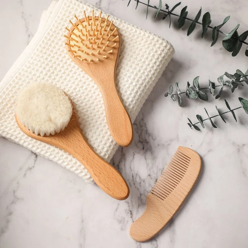 Natural Wooden Baby Hair Brush Set – Soft Wool Massage & Bath Brush