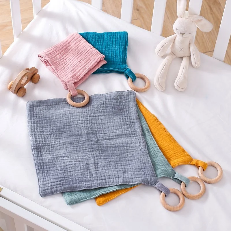 Baby Cotton Soothing Towel with Crochet Wooden Ring - Newborn Teething and Sleep Aid