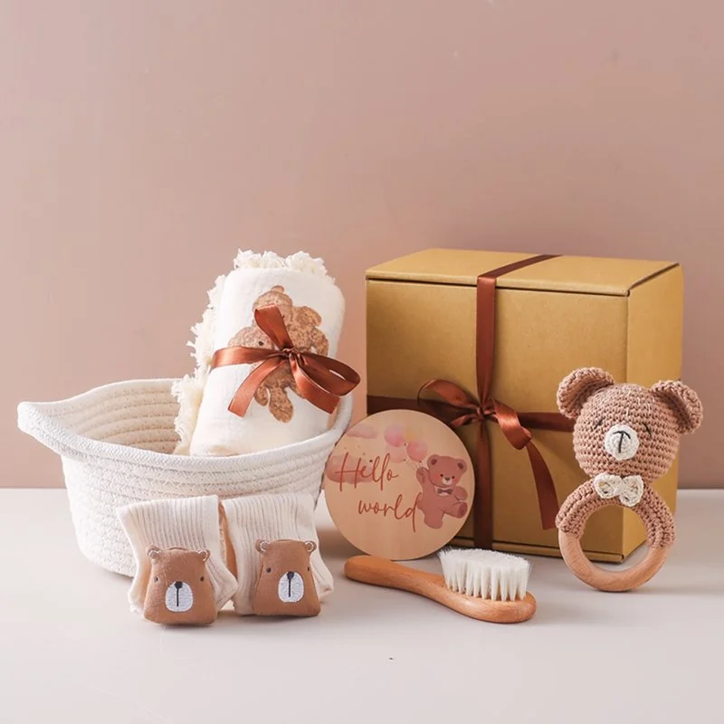 Baby Milestone Gift Set - Towel, Blanket, Brush, Rattle & More