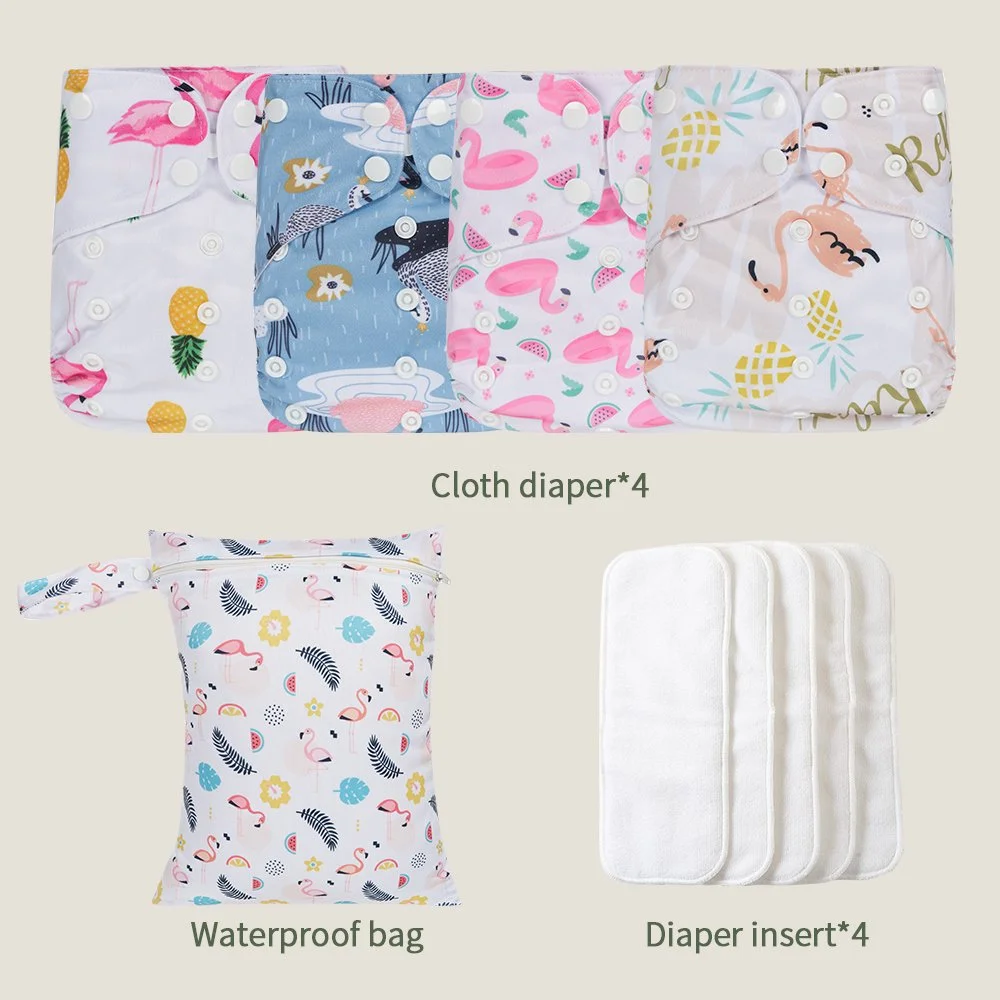 4-Piece Waterproof Pocket Cloth Diaper Set with Inserts and Wet Bag