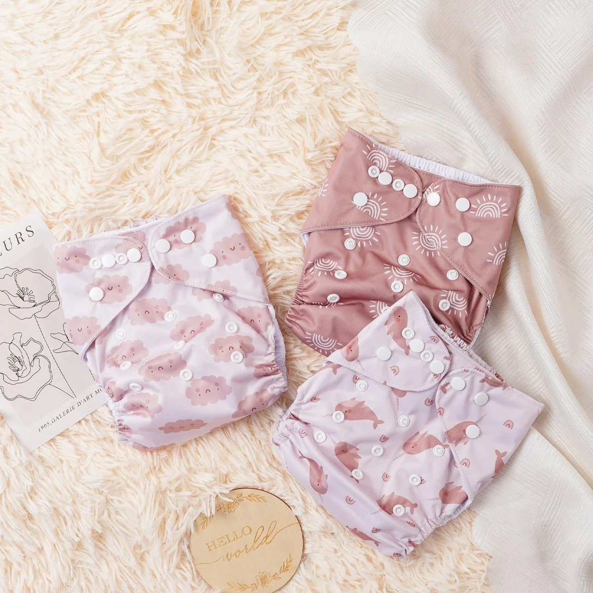 Cute Print Reusable Adjustable Baby Pocket Diaper 3-Piece Set with Suede Cloth