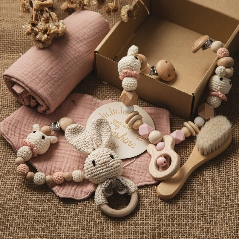 Newborn Baby Bath Gift Set - Cotton Blanket, Wooden Rattle & Milestone Toys