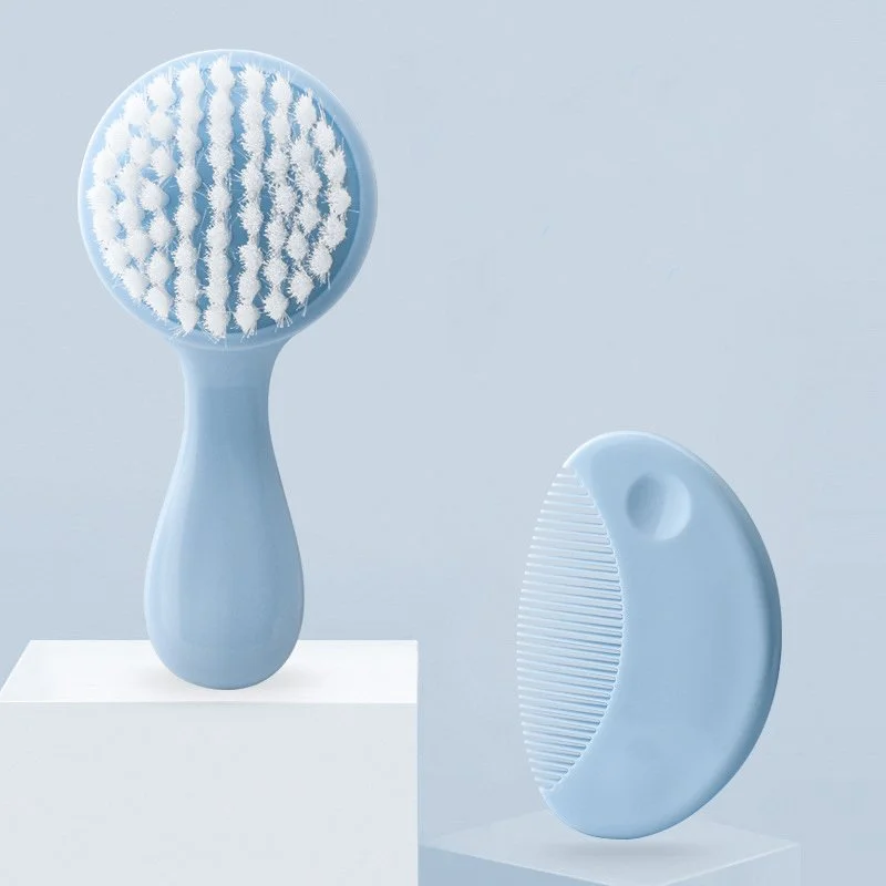 Cute 2 in 1 Eco-friendly Infant Care Baby Comb Brush Set Soft Bristles Hair Brush Round Shape