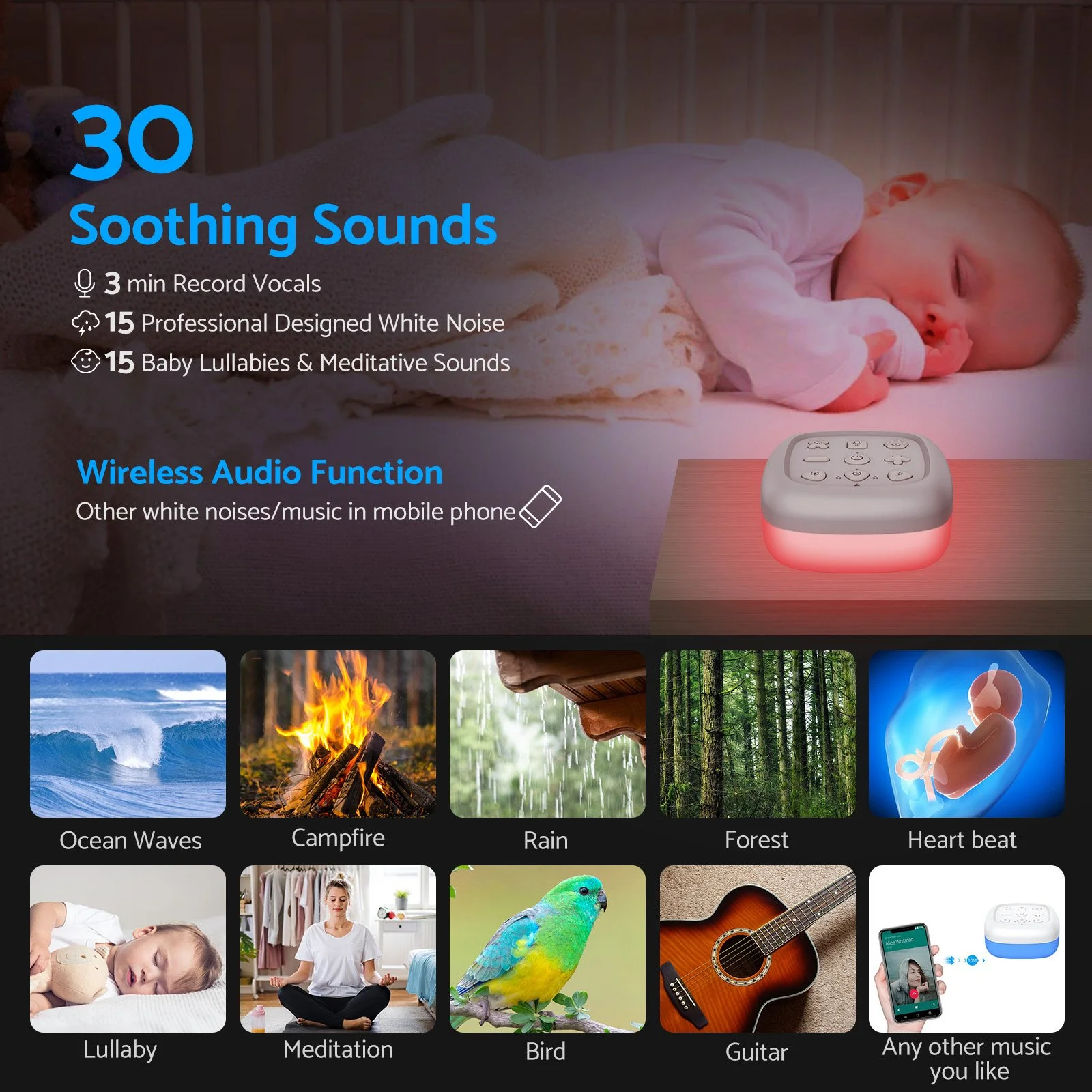 Portable White Noise Machine with 30 Soothing Sounds & 7-Color Night Light