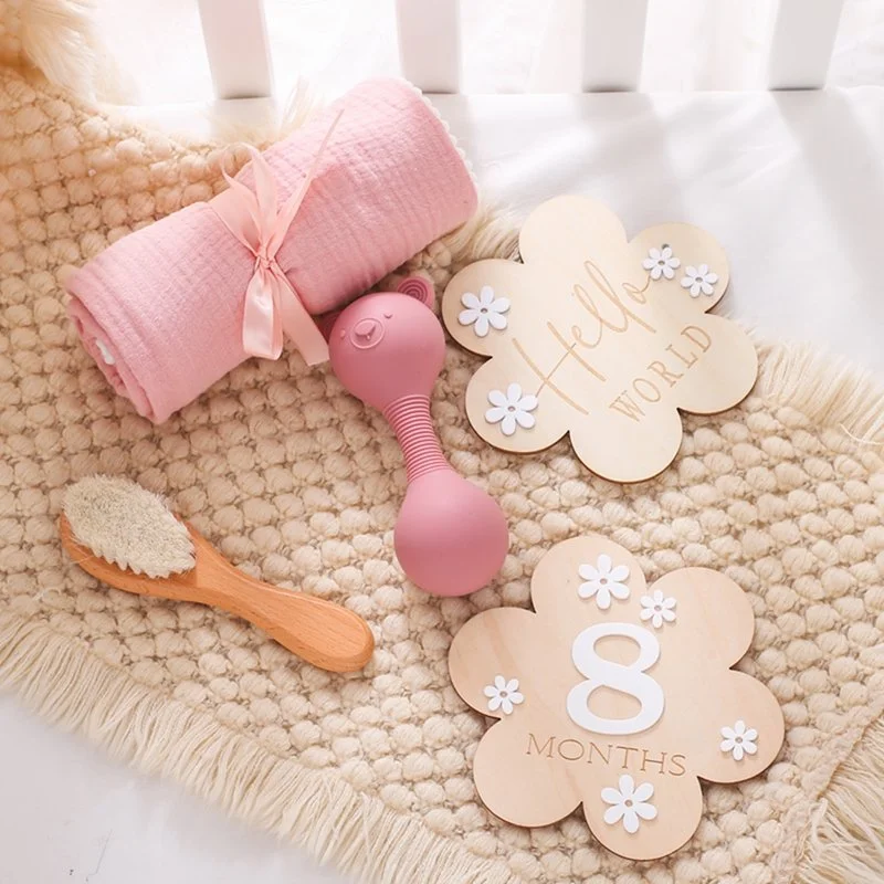 Newborn Baby Handbell, Towel, Blanket, & Milestone Set