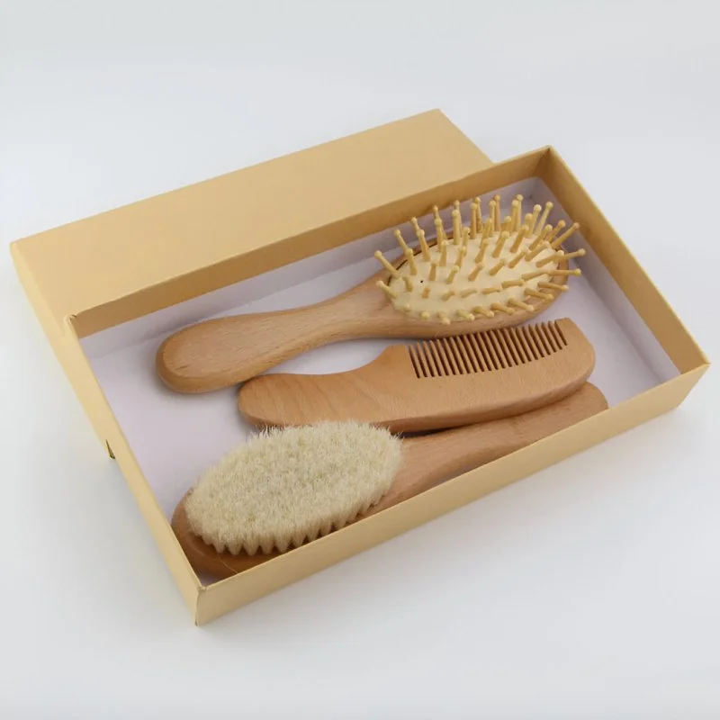 Newborn Baby Wooden Brush with Natural Wool Comb