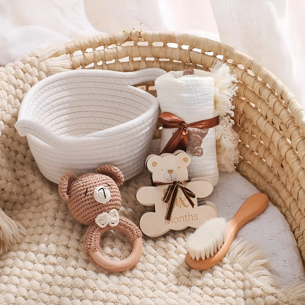 Baby Crochet Bear Wooden Rattle & Sensory Toy Set with Milestone Cards